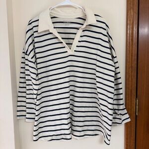 LL Bean Weekend Stripe Polo Top - Cream & Black